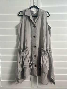For Cynthia Linen Blend Shark Bite Hem Ruched Pocket Lagenlook Shirt Dress L